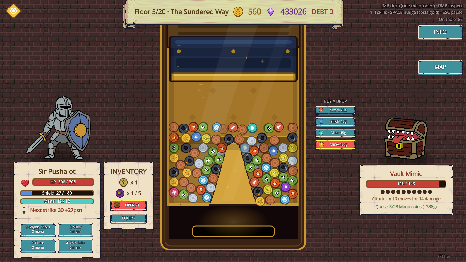 Hoardfall gameplay screenshot: Sir Pushalot fighting a Vault Mimic in a coin-dozer dungeon