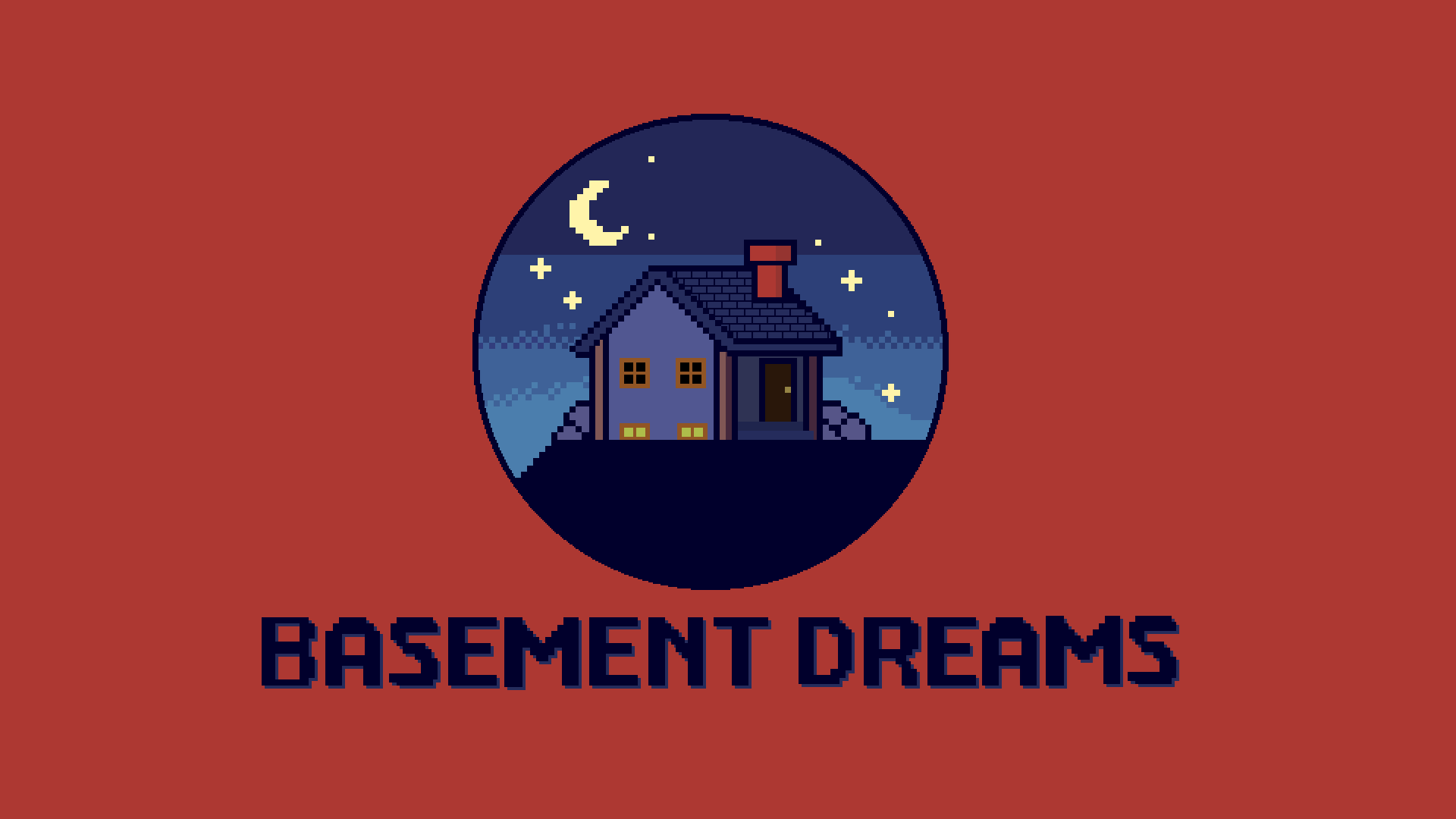 Basement Dreams logo: a pixel art house on a dark hill at night, crescent moon overhead, front door open